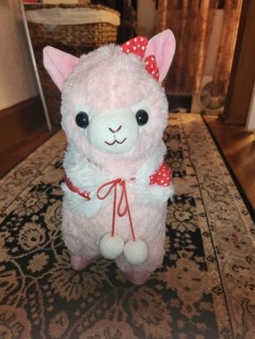 Pink Plush Alpaca with Polka Dot Bow